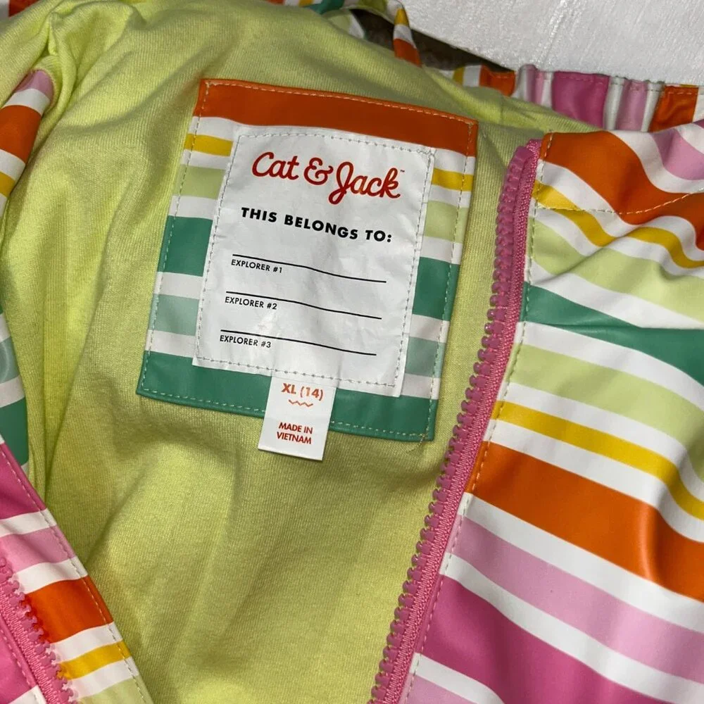 Cat & Jack Girls Hooded Rain Jacket XL 14 Striped Pink Green Orange 1696